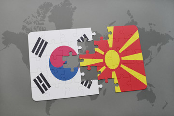 puzzle with the national flag of south korea and macedonia on a world map background.