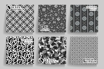 Pack of 6 in 1 vintage greyscale seamless abstract backgrounds. Use for posters, cards, covers, placards, flyers and banner designs. Vector illustration