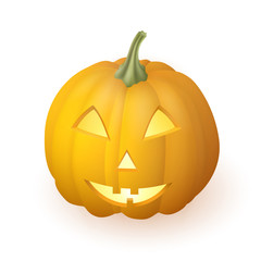 Cartoon funny Jack O Lantern halloween pumpkin with candle light inside isolated on white background. Vector illustration.