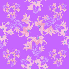 Seamless pattern with lily on a purple background. 