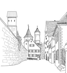 Street alleyway in old german city. Cityscape - houses, tower and buildings. Cityscape sketch