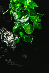 glass of mojito with lime and mint close-up ice cube on a dark background