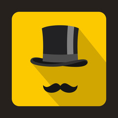 Male black mustache and cylinder icon in flat style on a yellow background