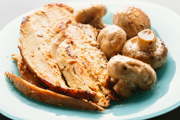 chicken with mushrooms in cream sauce on a blue plate