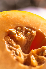 Half of ripe melon close up on blurred background