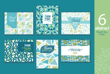 Six abstract vintage thank you cards set with text, repeat pattern backgrounds perfect for any event. - 118935954