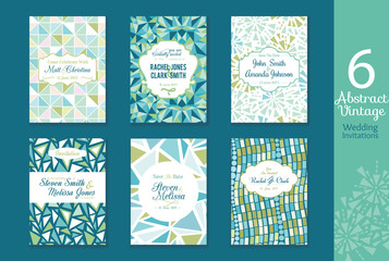 Six Abstract Vintage Wedding Invitations, Save the date cards set with bride and groom names, text, repeat pattern backgrounds perfect for any event.
