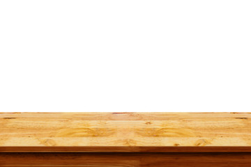 Empty top of wooden table on white background.