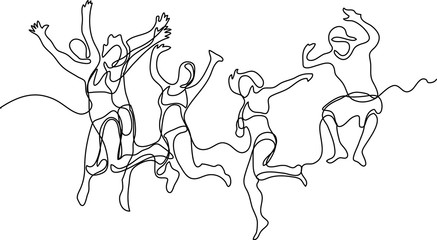 continuous line drawing of happy jumping guys