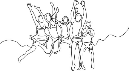 continuous line drawing of happy jumping people