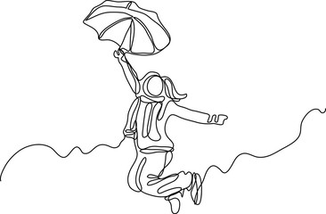 continuous line drawing of jumping happy woman with umbrella