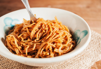 Countryside noodle in a old bowl still life tone