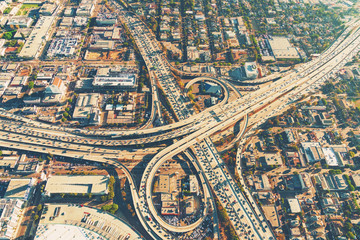 Aerial view of a freeway intersection in Los Angeles