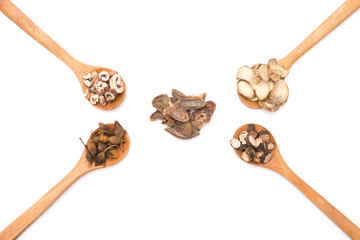 chinese herbs on wooden spoons at a white background