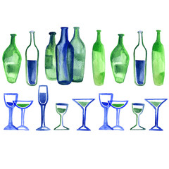 Hand drawn design in sketch style - watercolor set of wine glasses and bottles -