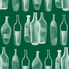 Abstract seamless background. Green wine bottles, glasses and watercolor blots.