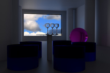 3D-Rendering eines futuristischen Zimmers mit leeren Weingläsern und Aussicht auf einen wolkigen Himmel