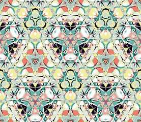 Kaleidoscope seamless pattern. Composed of color abstract elements. Useful as design element for texture and artistic compositions.