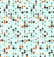 Seamless pattern. It consists of geometric elements having a square shape, different size and color. On a light green background.