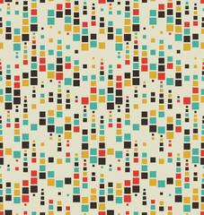 Seamless pattern. It consists of geometric elements having a square shape, different size and color. On a light green background.