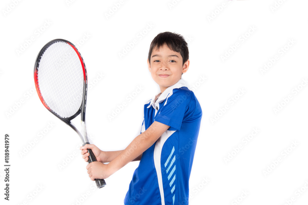 Wall mural Little boy playing tennis racket and tennis ball in hand