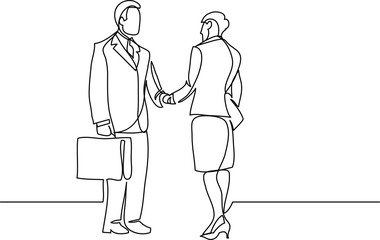 continuous line drawing of business people meeting handshake