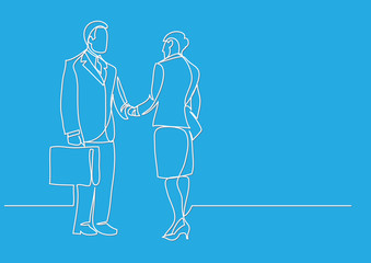 continuous line drawing of business people meeting handshake