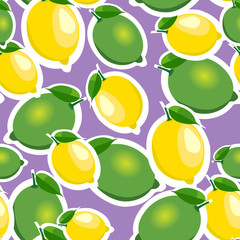 Seamless pattern with big lemons and limes with leaves. Purple background.