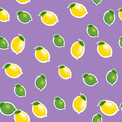 Seamless pattern with small lemons and limes with leaves. Purple background.
