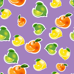 Seamless pattern with lemon, orange, lime with slices. Fruit isolated on a purple background