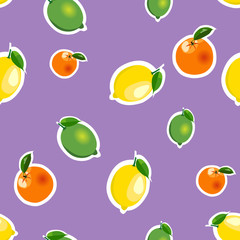 Seamless pattern with lemon, orange, lime. Fruit isolated on a purple background