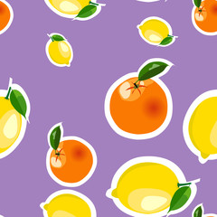 Seamless pattern with lemon, orange stickers. Fruit isolated on a purple background