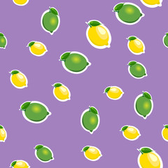 Seamless pattern with small lemons and limes with green leaves. Purple background.