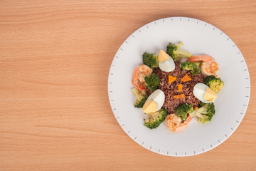 Shrimp with broccoli fried no oli with brown rice and boiled egg healthy clean food