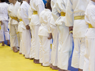 Group of children in kimono standing on tatami on martial arts training seminar