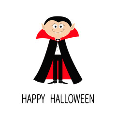 Count Dracula wearing black and red cape. Cute cartoon vampire character with fangs. Happy Halloween. Flat design. White background. Isolated.