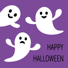 Funny flying ghost. Smiling and sad face with tooth. Happy Halloween. Greeting card. Cute cartoon character. Scary spirit. Baby collection. Violet background. Flat design.
