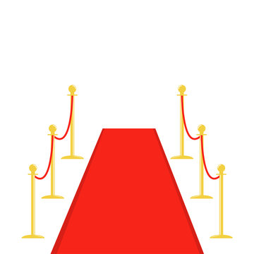 Red carpet and rope barrier golden stanchions turnstile Isolated template White background. Flat design