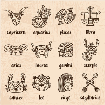 Set of doodle style zodiac signs. Funny Horoscope. Vector illustration
