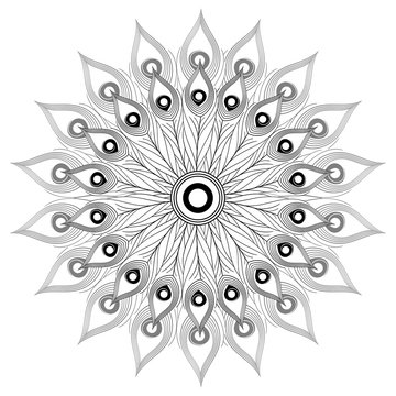 White black mandala vector isolated. India, tribal, oriental or arabic ornament for coloring page. Peacock feathers decoration print.