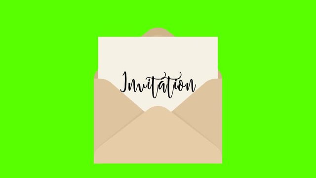 Pulling Invitation note card out of an envelope against white and green background