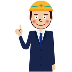 黄色いヘルメットをかぶった紺のスーツの男性上半身指さし