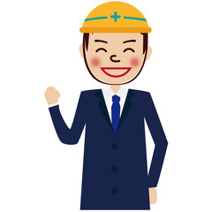 黄色いヘルメットをかぶった紺のスーツの男性上半身　ガッツポーズ