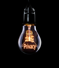 Hanging lightbulb with glowing Privacy concept.