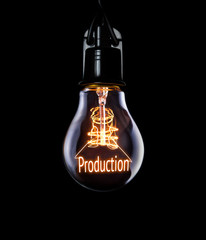 Hanging lightbulb with glowing Production concept.