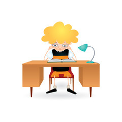 Vector colorful illustration of a blond boy with eyeglasses sitting behind a brown desk with a blue lamp on it and reading a book with great interest. Isolated on white.
