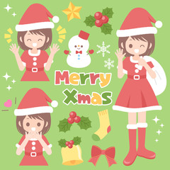 サンタ服姿の女性・文字・オーナメント　クリスマスイラスト　セット素材　ベクター