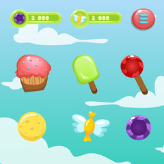 Sweet game elements. Vector candy and lollipop. Cookie, cake and icecream. Gui.