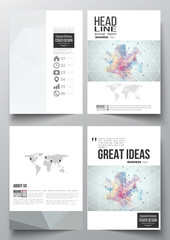Set of business templates for brochure, magazine, flyer, booklet or annual report. Molecular construction with connected lines and dots, scientific pattern on colorful polygonal background