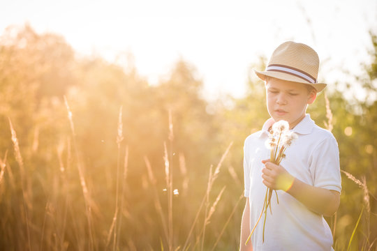 Portrait of adorable kid boy in straw hat standing on a summer meadow. Sunset in the park. Outdoors. Vacations. Child walking on a sunny summer day and blowing on dandelions